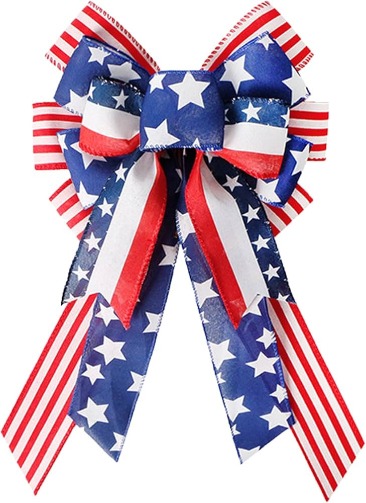 Patriotic Wreath Bow Large Red White Blue Bow Patriotic Holiday Tree Topper Bow American Flag Bow... | Amazon (US)