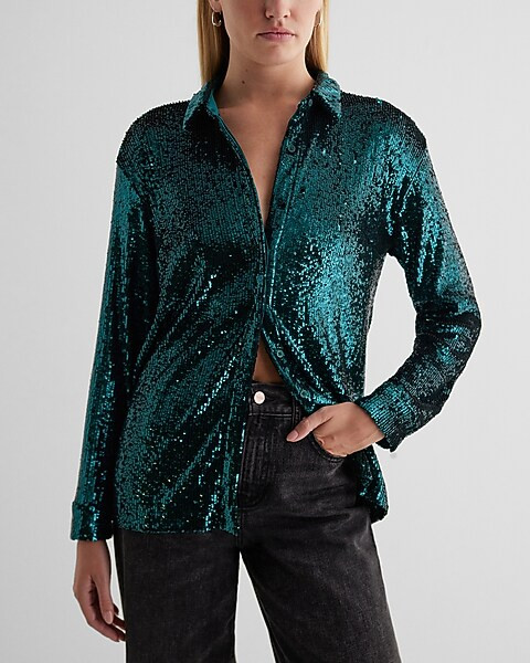 Relaxed Sequin Portofino Shirt | Express