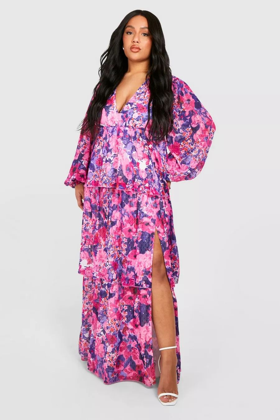 Plus Woven Floral Print Plunge Ruffle Detail Maxi Dress | Boohoo.com (UK & IE)