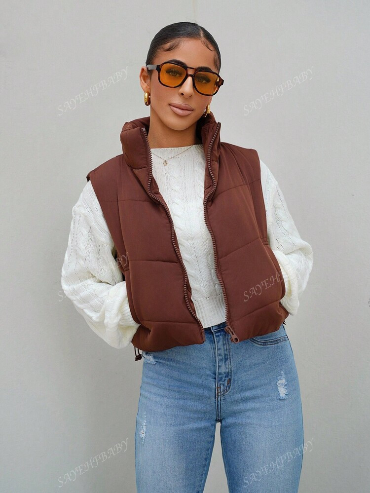 SAYEHFBABY Winter Zip Up Double Face Snap Button Corduroy Drawstring Vest Coat | SHEIN