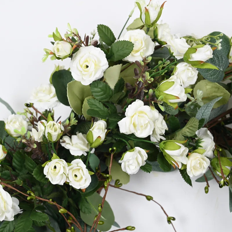 22" Artificial Farmhouse Spring Summer Blossoms Cluster Foliage Rose Floral Wreath For Front Door | Wayfair North America