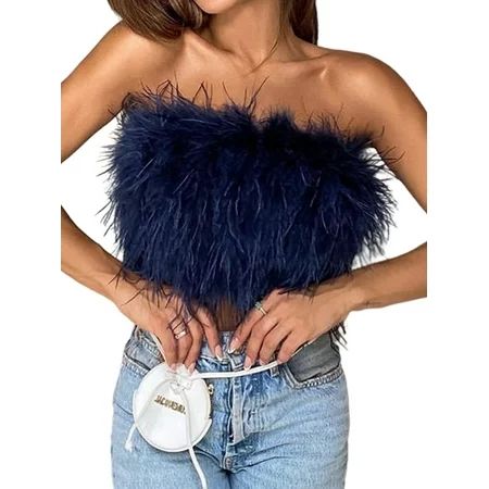 Frontwalk Women Fur Feather Fluffy Tube Tops Backless Casual Blouse Ladies Sleeveless Clubwear Summe | Walmart (US)