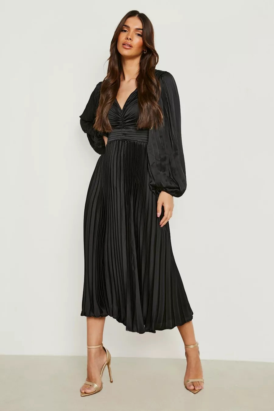 Satin Pleated Plunge Midaxi Dress | Boohoo.com (US & CA)
