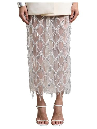MakeMeChic Women's Sequin Fringe Midi Pencil Skirts Mesh Sheer Sparkly | Amazon (US)