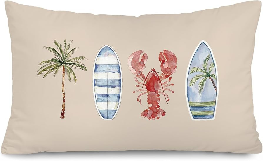 Surf Beach Room Decor, Coastal Beach 12x20 Pillow Cover, Tropical Coastal Ocean Palm Tree Surfboa... | Amazon (US)