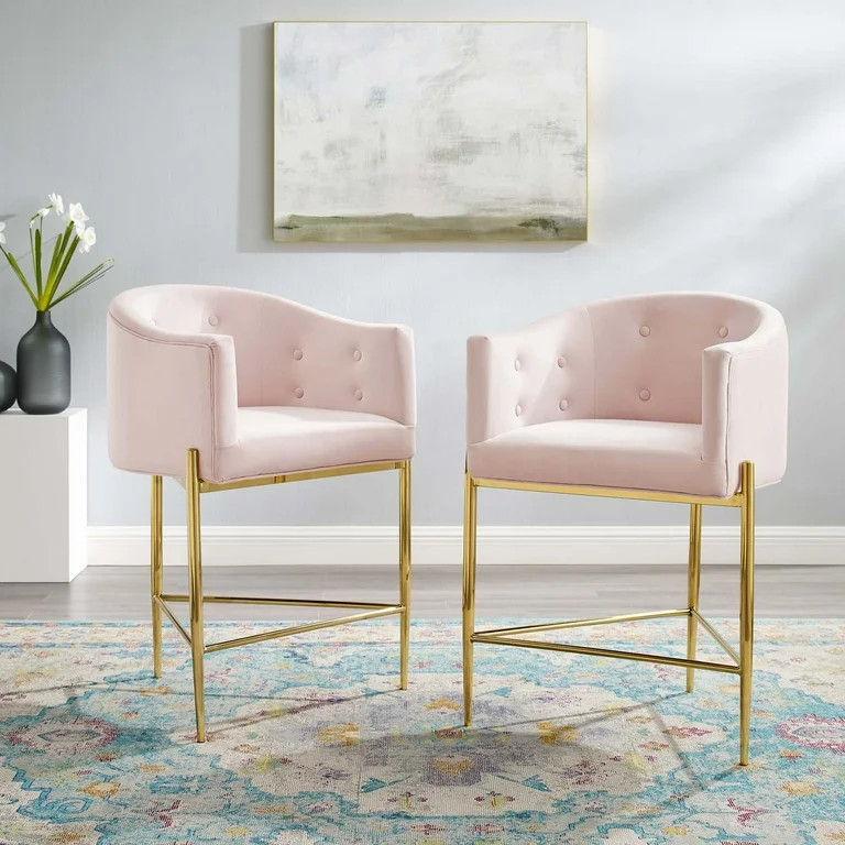 Modway Savour Tufted Performance Velvet Counter Stool Set of 2 in Pink | Walmart (US)