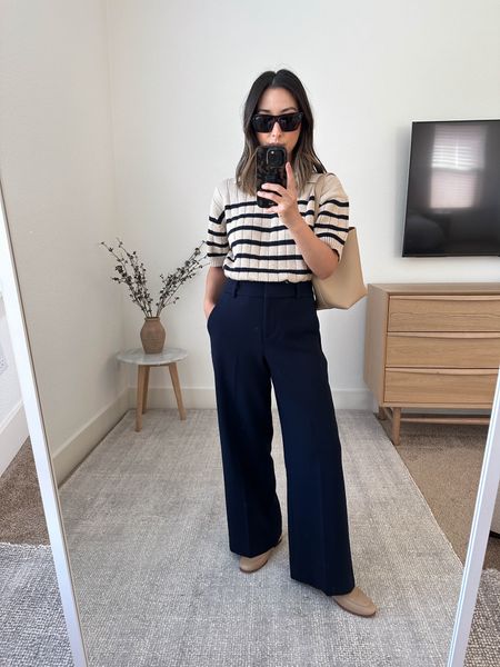 Wyeth stripe sweater styles with navy trousers. These are my fav trousers. So comfy. Tip- get them I regular size so they’re full length. 

Wyeth sweater xs
J.crew trousers regular 2. Sized up but they’re roomy
Sam Edelman loafers 5
The Row tote small
Celine sunglasses  

#LTKitbag #LTKSeasonal #LTKshoecrush