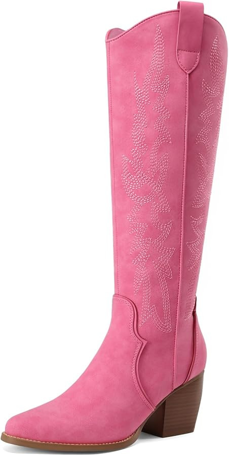 DREAM PAIRS Womens Cowboy Boots Wide Calf Comfortable Pull On Zipper Chunky Heel Pointed Toe Embr... | Amazon (US)