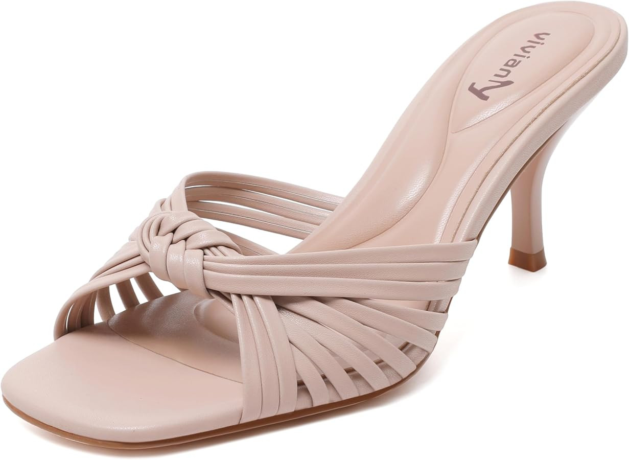 vivianly Heeled Sandals for Women Kitten Heel Square Open Toe Sandals Backless Slip-On Mule Shoes... | Amazon (US)