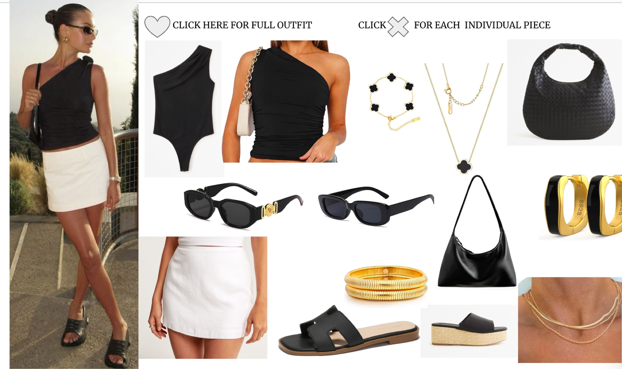 Super cute black one shoulder top paired with a white mini skirt and gold and black jewelry to accessorize with platformed sandals! 

#LTKstyletip #LTKSeasonal #LTKfindsunder100