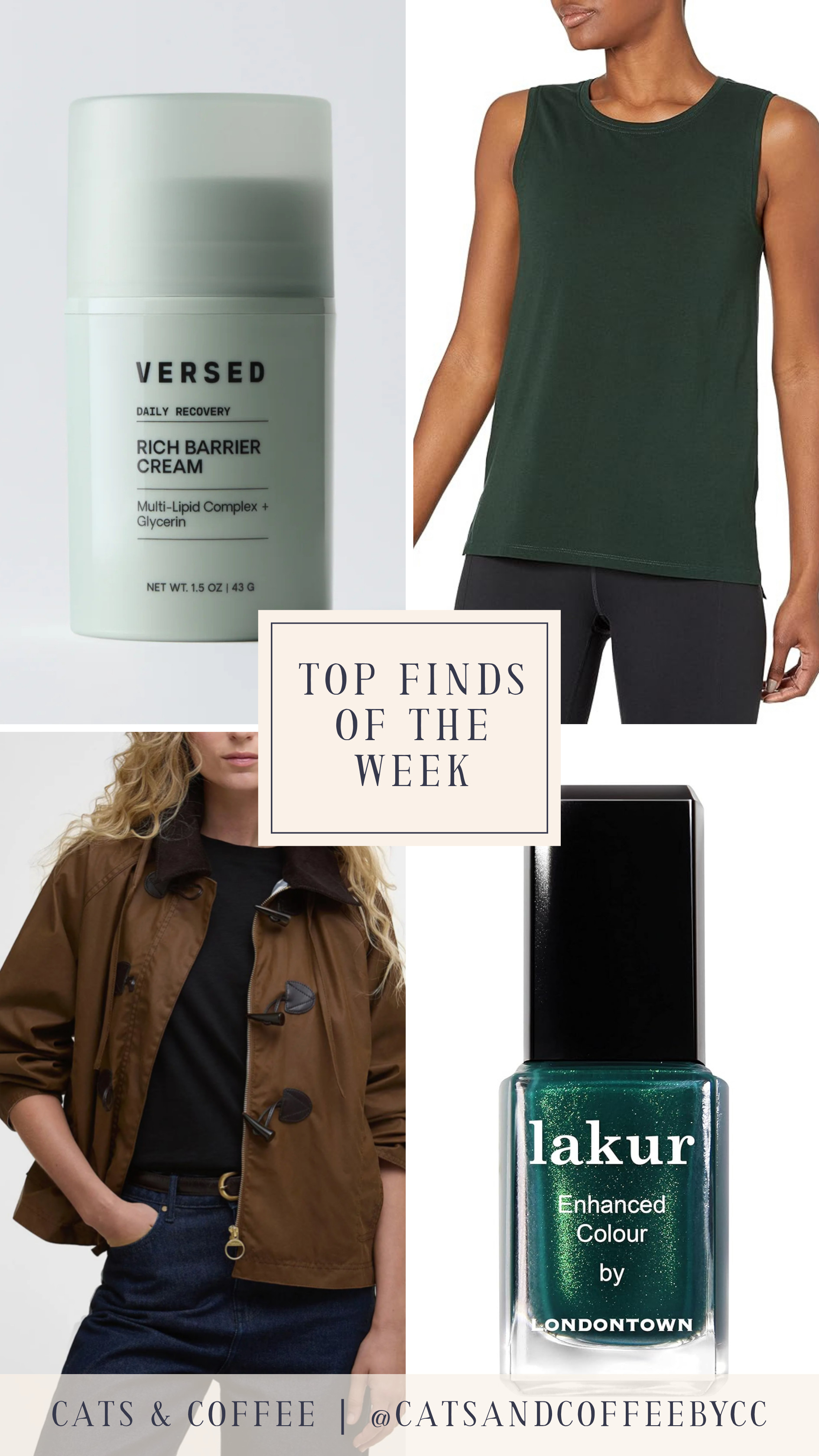 Friday Favorites 🎉💚 Four Top Finds of the Week: an investment-worthy jacket, a staple tank top that is on a great sale (under $20!), a sensitive-skin-friendly moisturizer that is as rich as it is affordable, and a colorful green sparkle nail polish I'm eyeing for my next manicure! 

 #LTKSeasonal #LTKActive #LTKSaleAlert