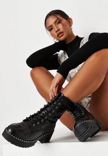 Missguided - Black Mock Croc Lace Up Chunky Ankle Boots | Missguided (UK & IE)