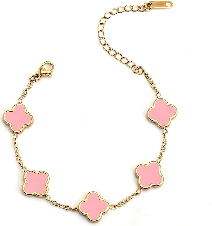 18K Gold bracelets for women Clover Bracelet Set 2Pcs White Flower Bangle Bracelet Lucky Four Lea... | Amazon (US)