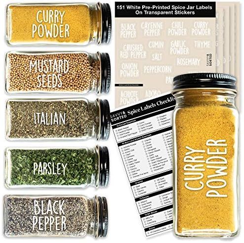 Spice Jar Labels Preprinted - White All CAPS on Clear Stickers - Fit Round or Rectangle Spice Jar... | Amazon (US)