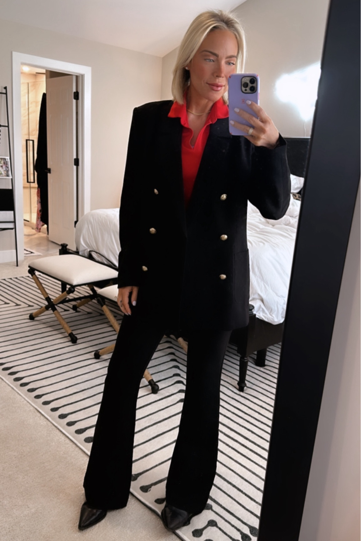 OOTD! 🤌 I love all black with a pop of red and gold! You guys will LOVE this red blouse & it’s under $50- TTS. 

This blazer is everything! I have been searching and searching for an affordable blazer with a bit of an oversize look with gold buttons, and a great shoulder pad, and this blazer checks all the boxes! (I wear an XS it is oversized)! 

I cannot wait to style this blazer with a graphic t and some jeans with holes and acute sneaker! 

I also love how these pants fit. I can’t link them, but they are from Shop the closet on Instagram. They are called the pant and they really are the pant! 

I have linked a couple other options though that are very similar! don’t miss out on this blazer gals! PS these booties are perfect for every day workwear! Xoxo, CeCe 😘

#LTKshoecrush #LTKstyletip #LTKworkwear