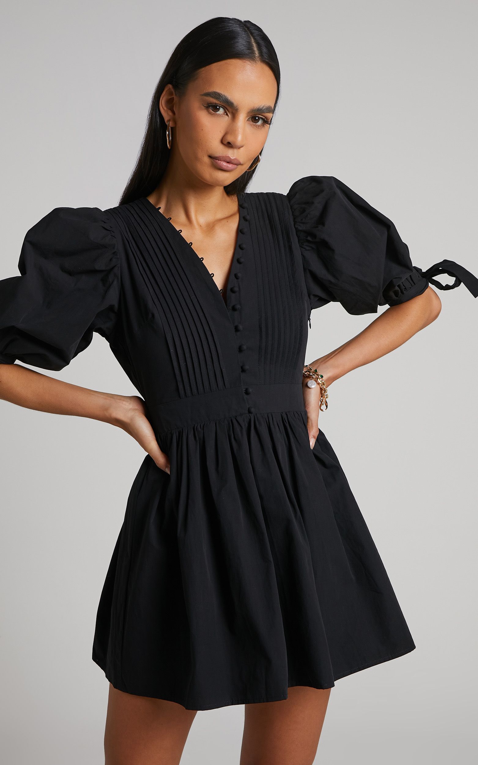 Zandra Puff Sleeve Poplin Mini Dress in Black | Showpo (US, UK & Europe)