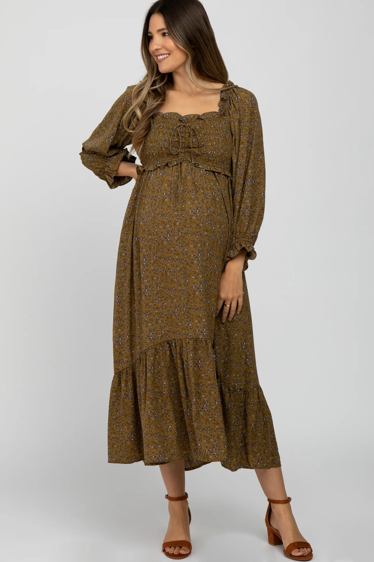Olive Floral Ruffle Sweetheart Neck Maternity Midi Dress | PinkBlush Maternity