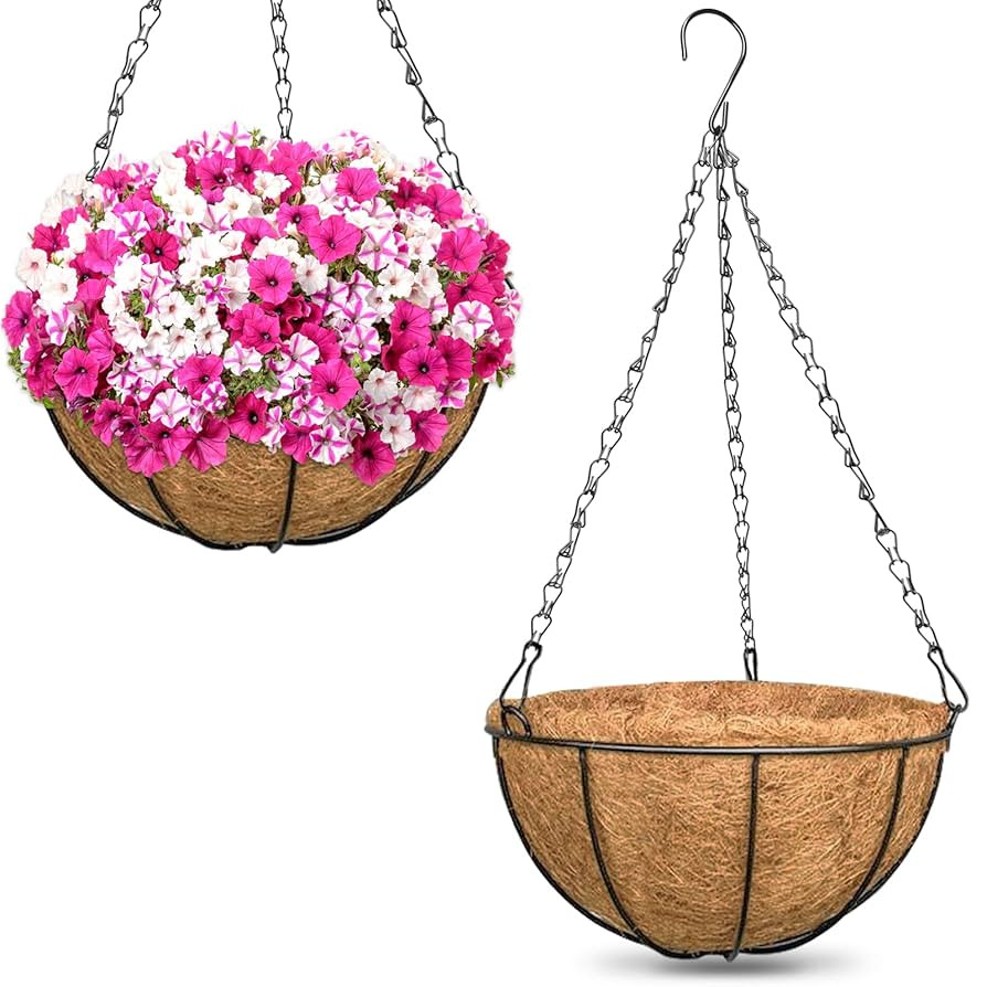 ZeeDix 2 Pack 12 Inch Metal Round Hanging Planter Basket with Coconut Liners Replacement, Hanging... | Amazon (US)