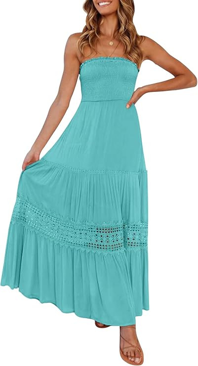 ZESICA Women's 2023 Summer Bohemian Strapless Off Shoulder Lace Trim Backless Flowy A Line Beach ... | Amazon (US)