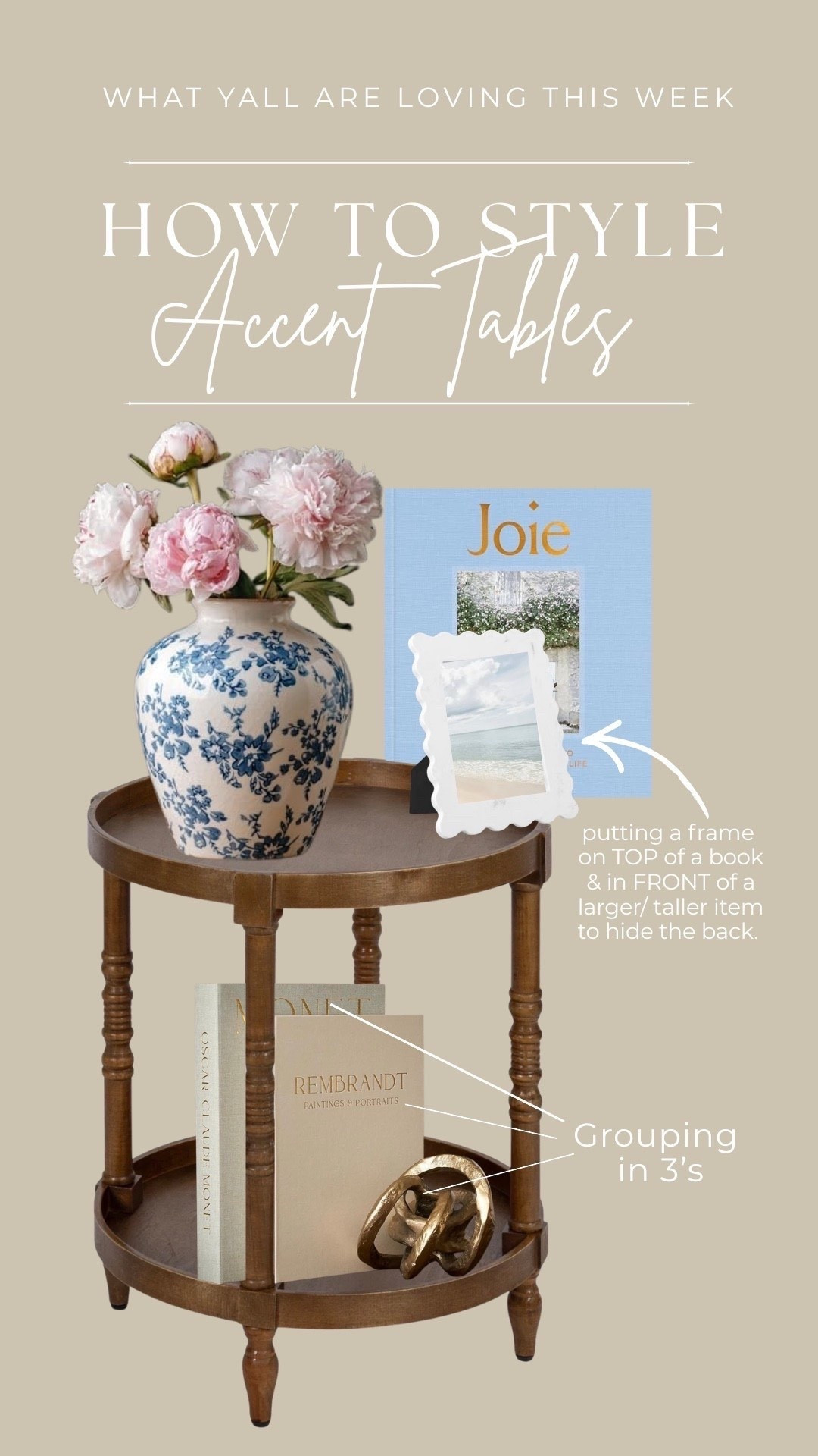 Think of accent tables like bridges — bridging the gap between two chairs, an empty space between a couch and a wall, or an empty corner. 1. Use the triangle method to style 2. Put frames and small bowls on coffee table books 3. For the tallest “height” use a lamp or vase with florals • • Target home decor, spring living room styling, coffee table styling, faux florals stems, cream neutral home, vase centerpiece styling, entryway table decor, spring refresh, photo wall frames, blue and white vase, marble frame

#LTKHome