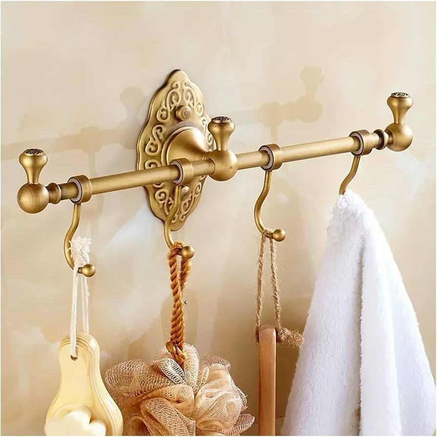 Antique Brass Bathroom Towel Hook Rack,Bath Coat Rack Hook Wall Mounted Towel Rail Bar with 4 Hoo... | Amazon (US)