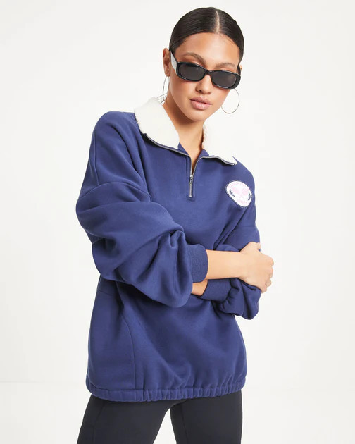 Hamptons Sports Half Zip Sherpa Trim Pocketed Pullover Sweater - Navy - FINAL SALE | VICI