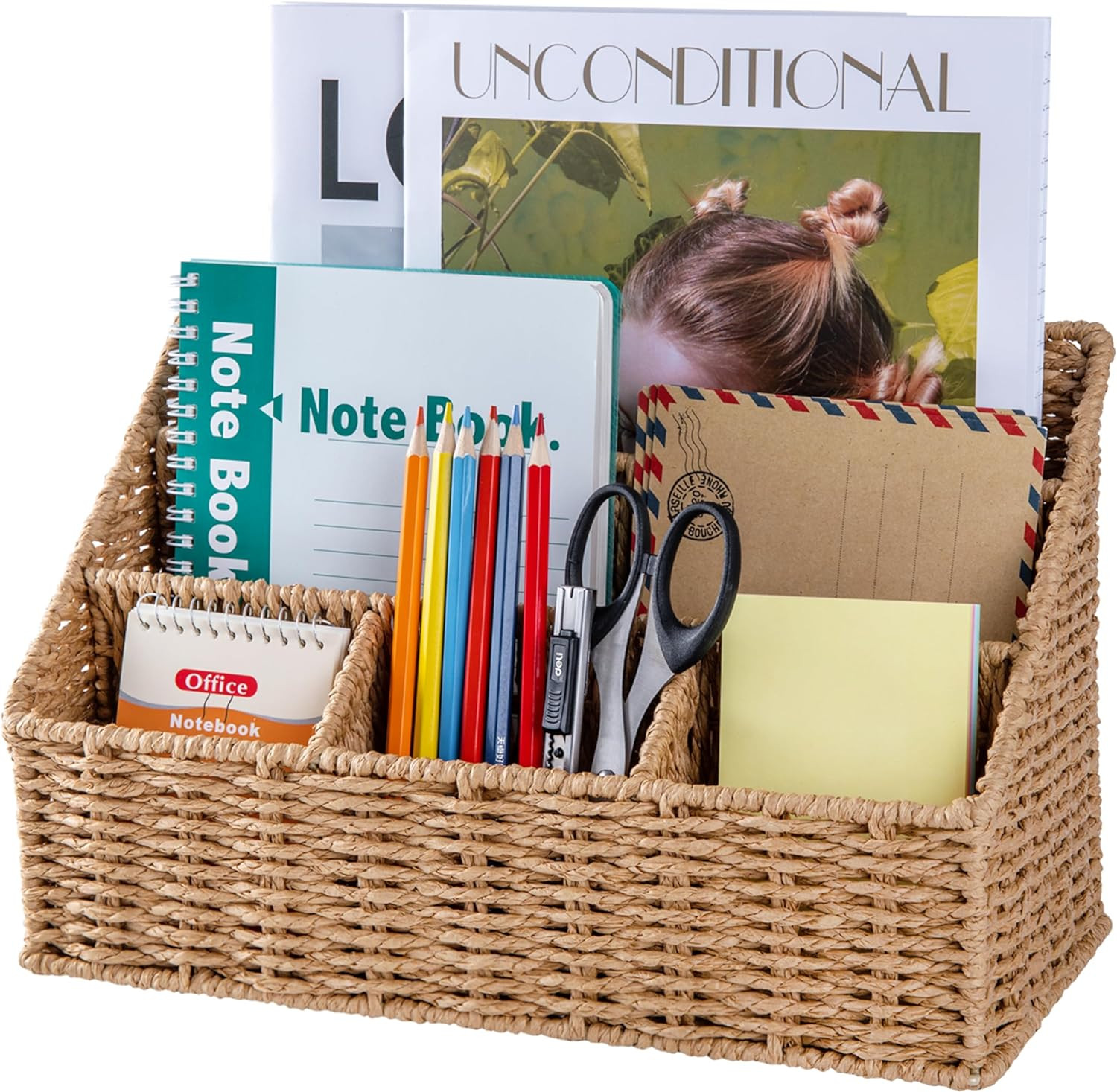 Rattan Desk Organizer, Tabletop Mail Holder, 5 Slot Mail Organizer Countertop Basket, Rattan Office Supplies, Boho Office Desk Accessories, Wicker Desk Organizer, Magazine Holder（Wicker） | Amazon (US)