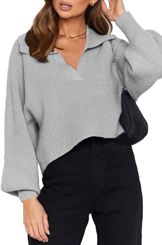 CHYRII Women Overized Puff Long Sleeve V Neck Knitted Polo Pullover Sweater Jumper Tops | Amazon (US)