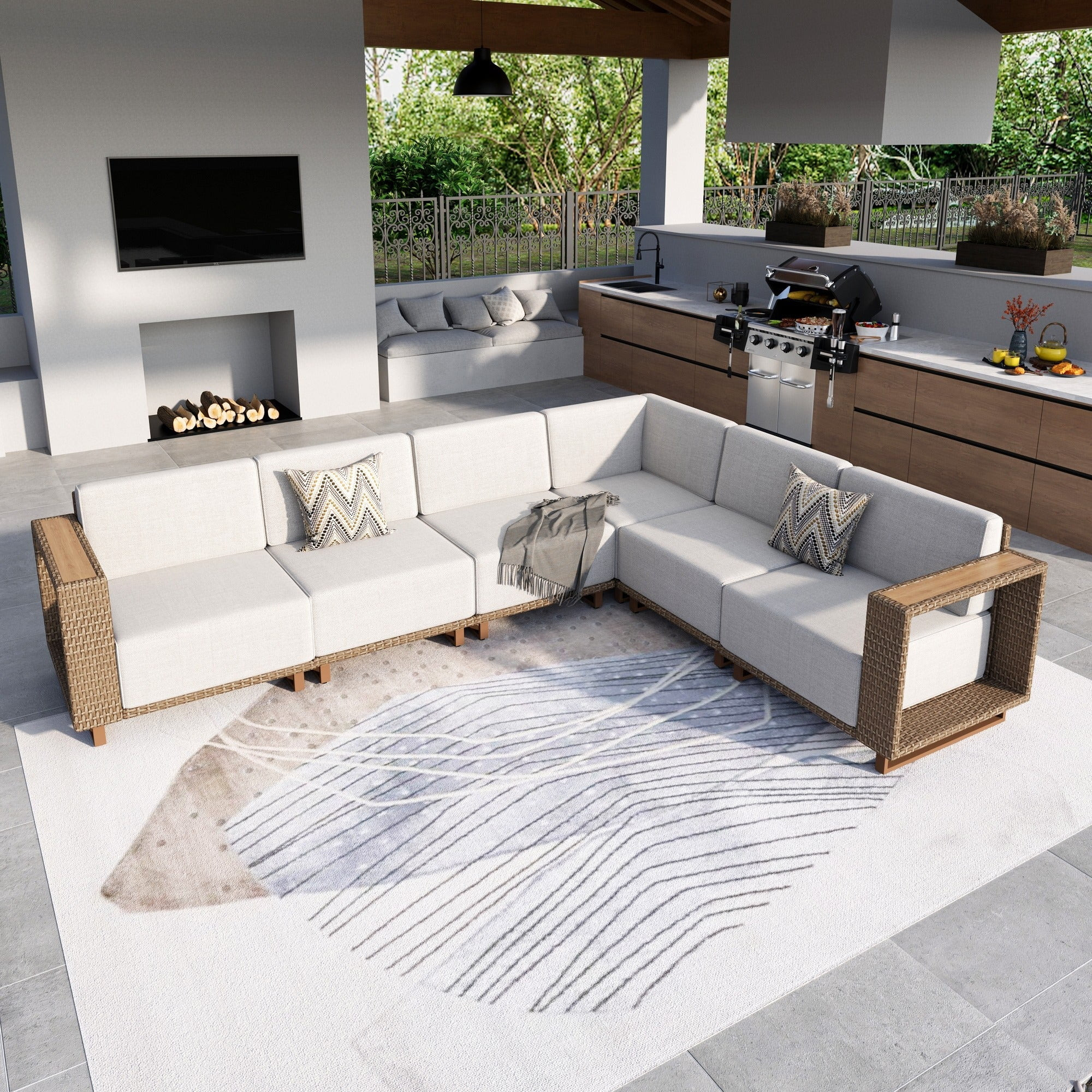 MF Studio 6-Piece Wicker Patio Furniture Set, L Shaped Outdoor Sectional Sofa for Porch, Beige | Walmart (US)