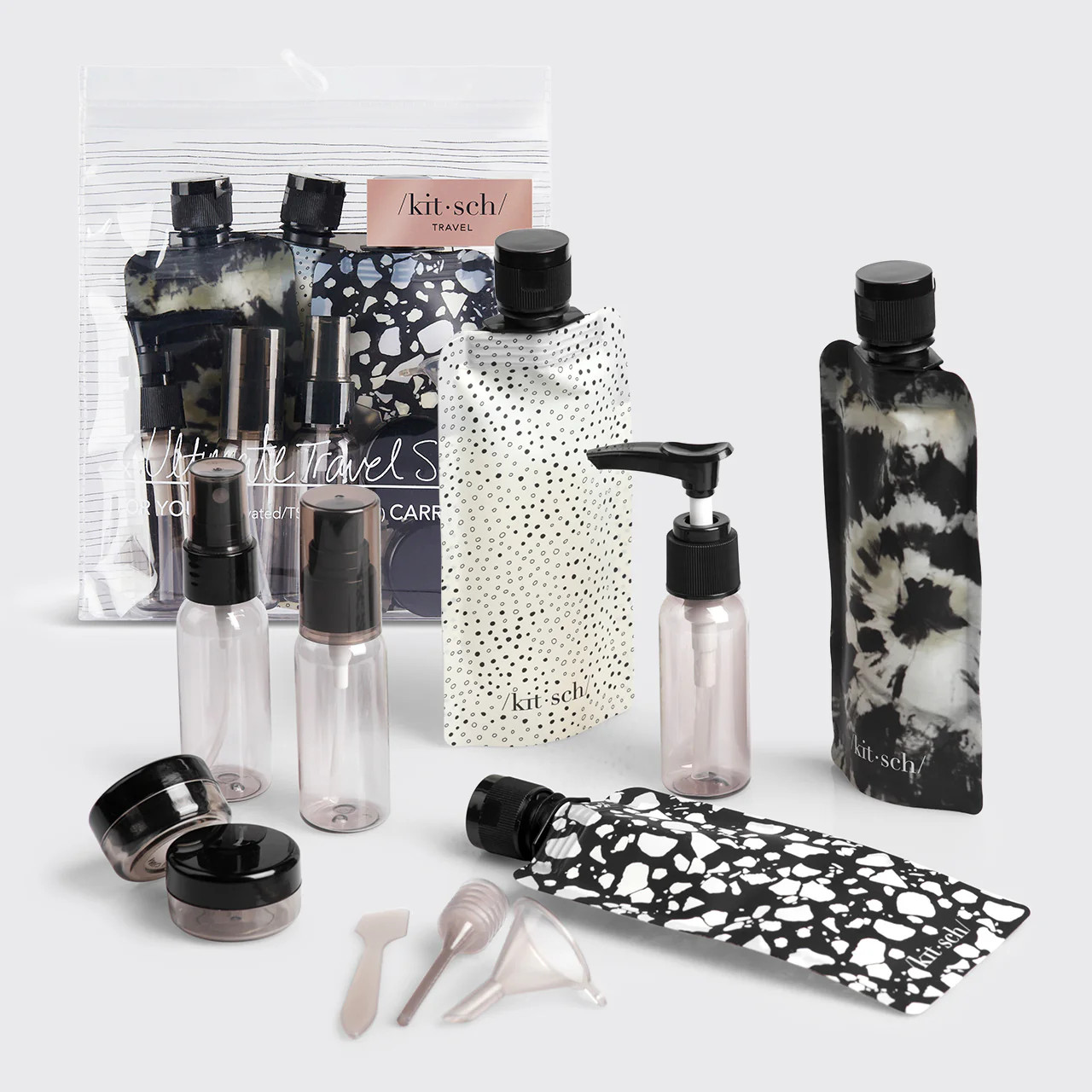 Black & Ivory Travel Bottles for Toiletries 11pc Set | Kitsch