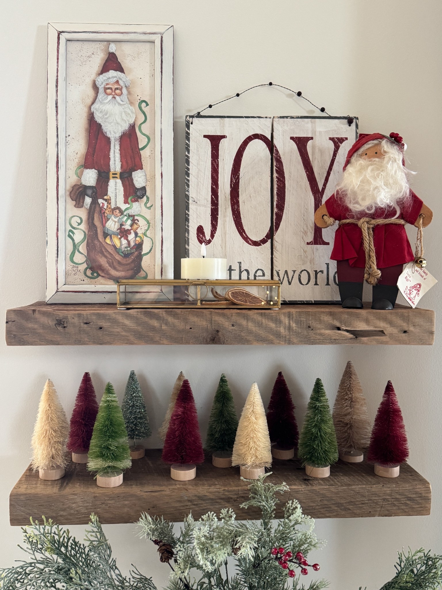 Beautiful custom made reclaimed wood shelves made in Lancaster, PA. They customize any size you need and ship anywhere in the US. Rope detail glass vintage box. Dried oranges  An assortment of mini bottle brush trees. The Santa and Santa print were my beloved mom’s so I’m unable to link. But boy do I love sharing some of my favorite childhood Christmas pieces with you all. 

#LTKHome #LTKHoliday