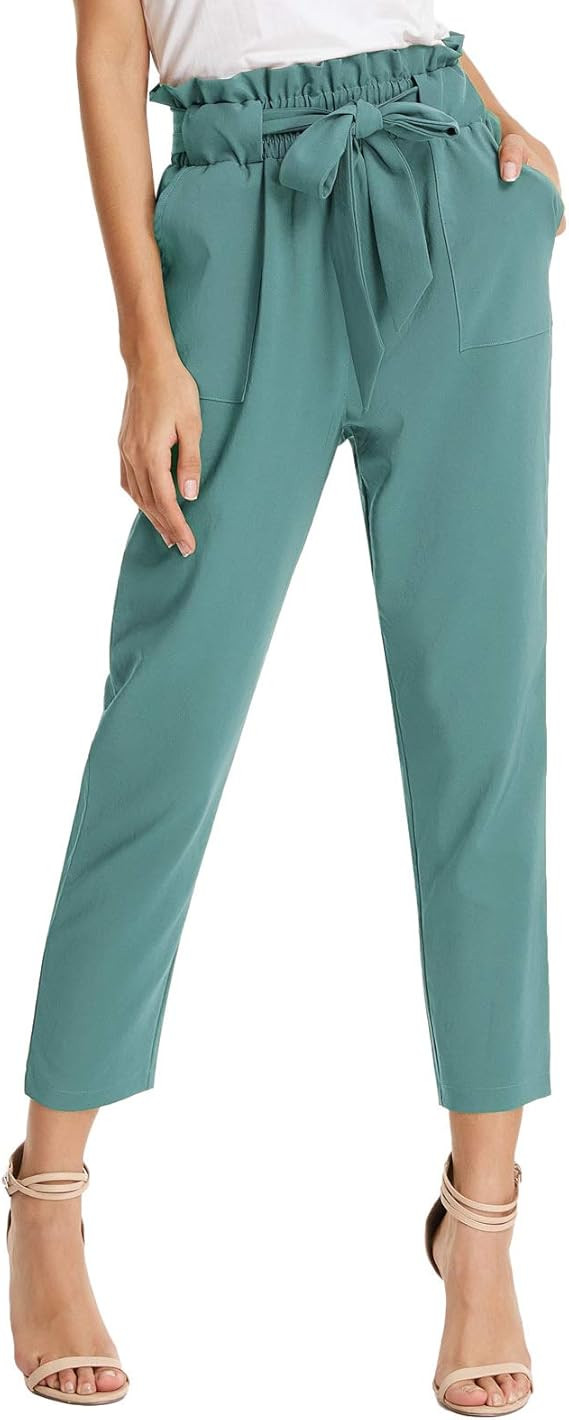 GRACE KARIN Women Pants Ruffled High Waist Casual Pants Cropped Striped Pants | Amazon (US)