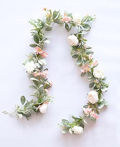 PARTY JOY 6.3 Ft Eucalyptus Garland with Flowers, Hydrangea, Peony, Gypsophila, Lambs Ear Greener... | Amazon (US)