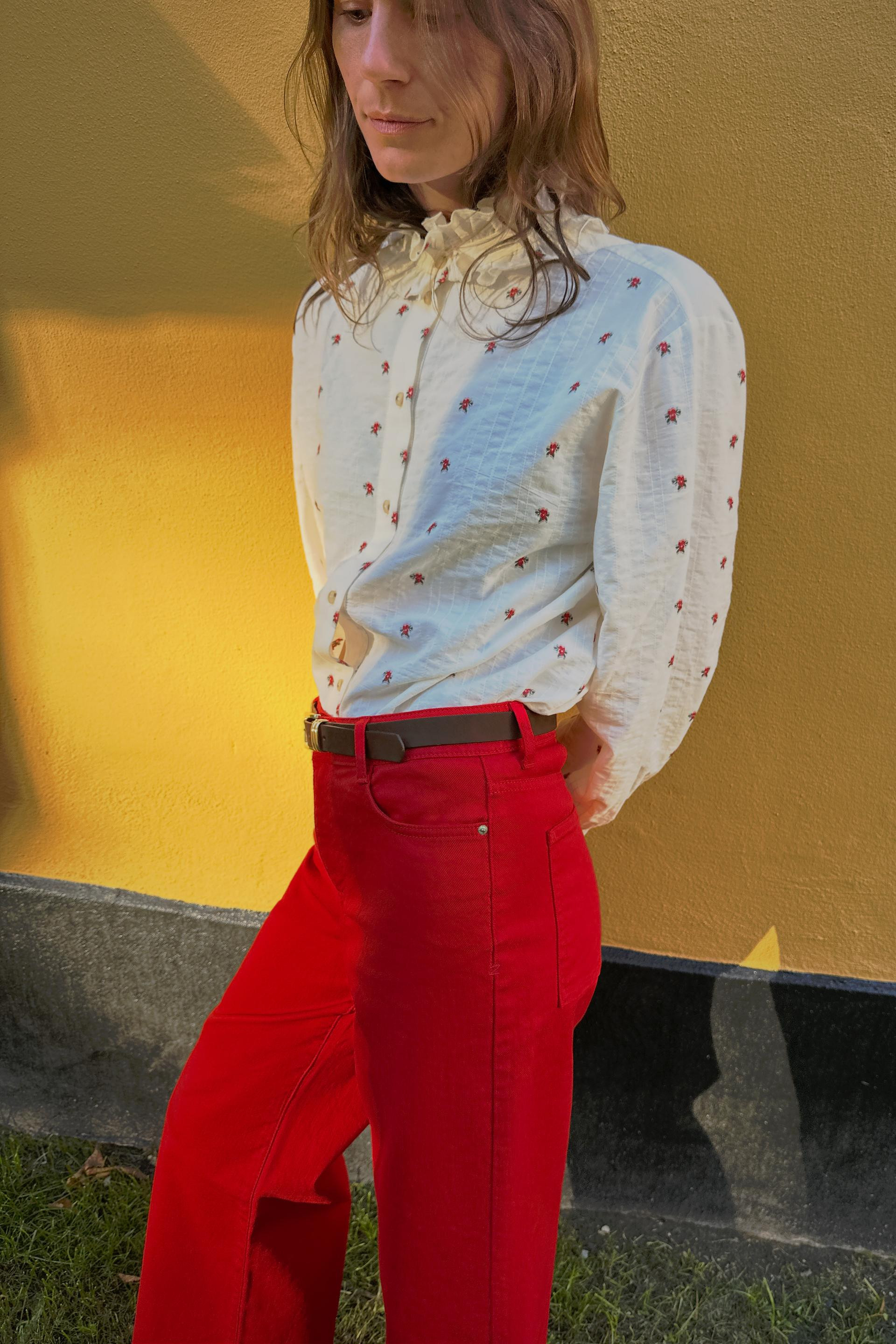 Zara - Floral Jacquard Ruffled Blouse - Ecru / Red - Xl - Woman | Zara US