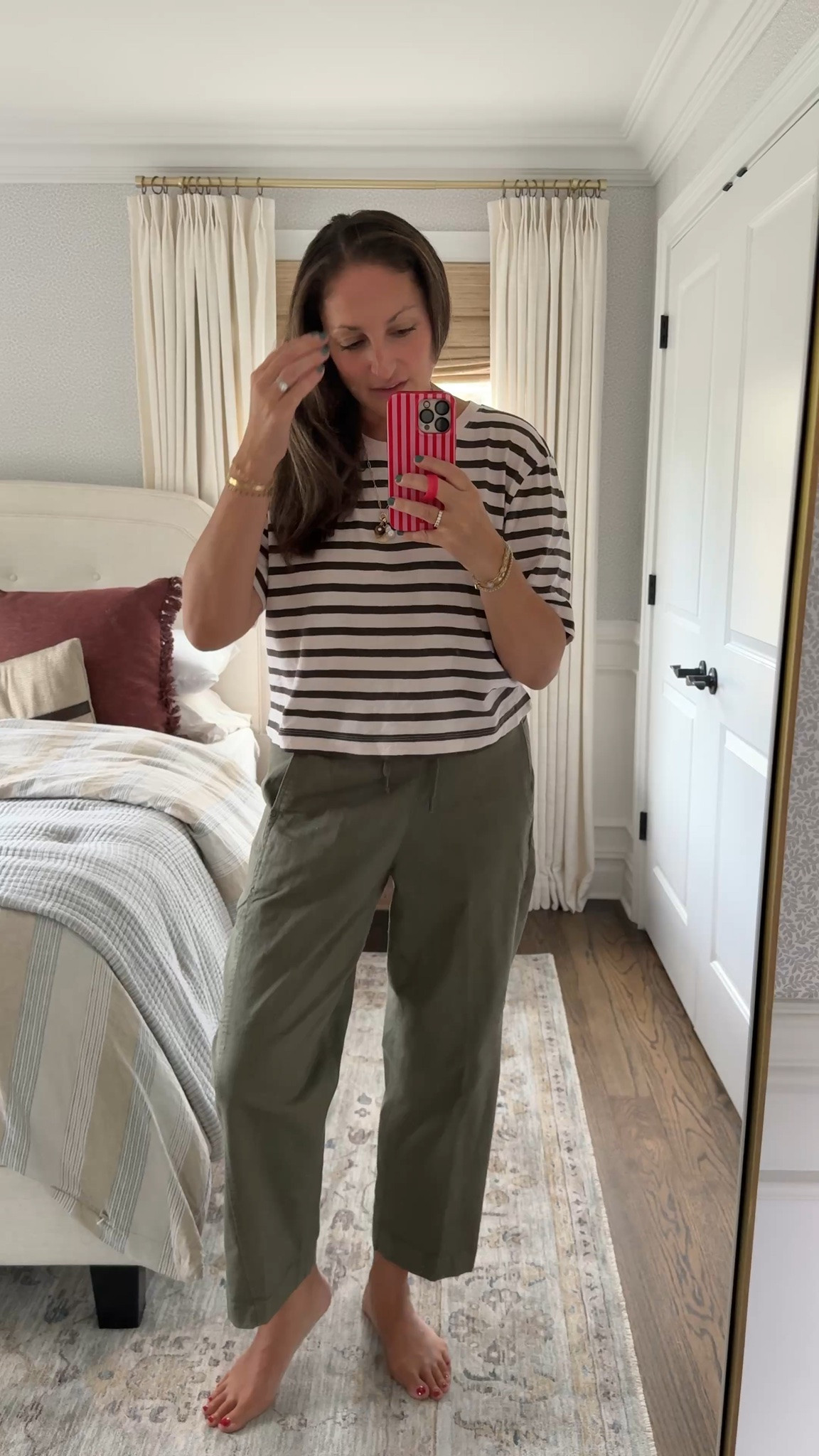 Rainy day OOTD but I’ve been loving these olive green pants and my charm necklace makes me happy every time I look at it!

#LTKootd #LTKdayinmylife #LTKOver40