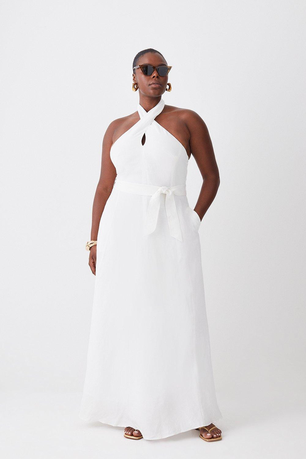 Lydia Millen Plus Size Linen Halter Tie Waist Midi Dress | Karen Millen US
