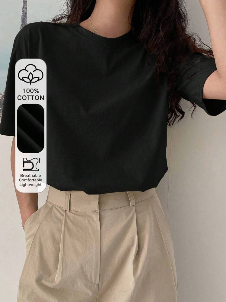 DAZY T-Shirt À Col Ras-Du-Cou À Manches Courtes, Coupe Décontractée, Tops Preppy | SHEIN