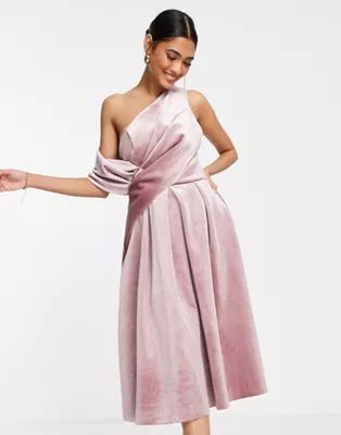 ASOS DESIGN velvet bare shoulder prom midi dress in rose pink | ASOS | ASOS (Global)