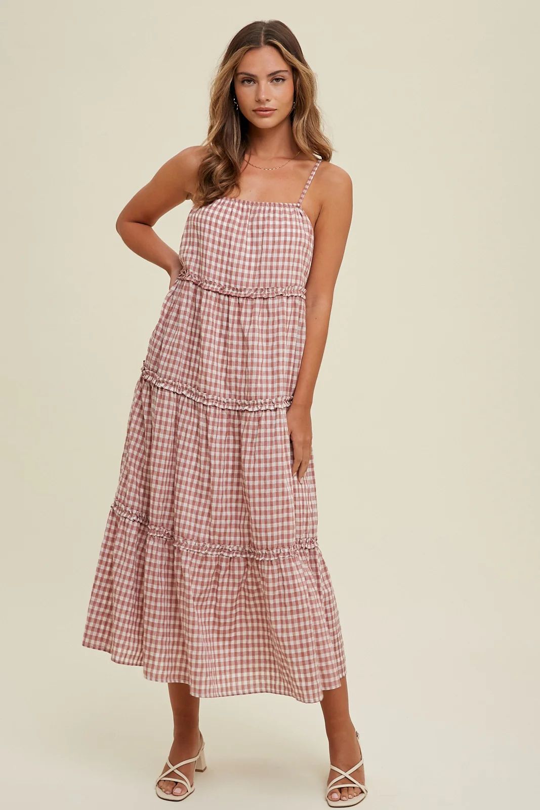 Mauve Gingham Ruffle Tiered Midi Dress | PinkBlush Maternity