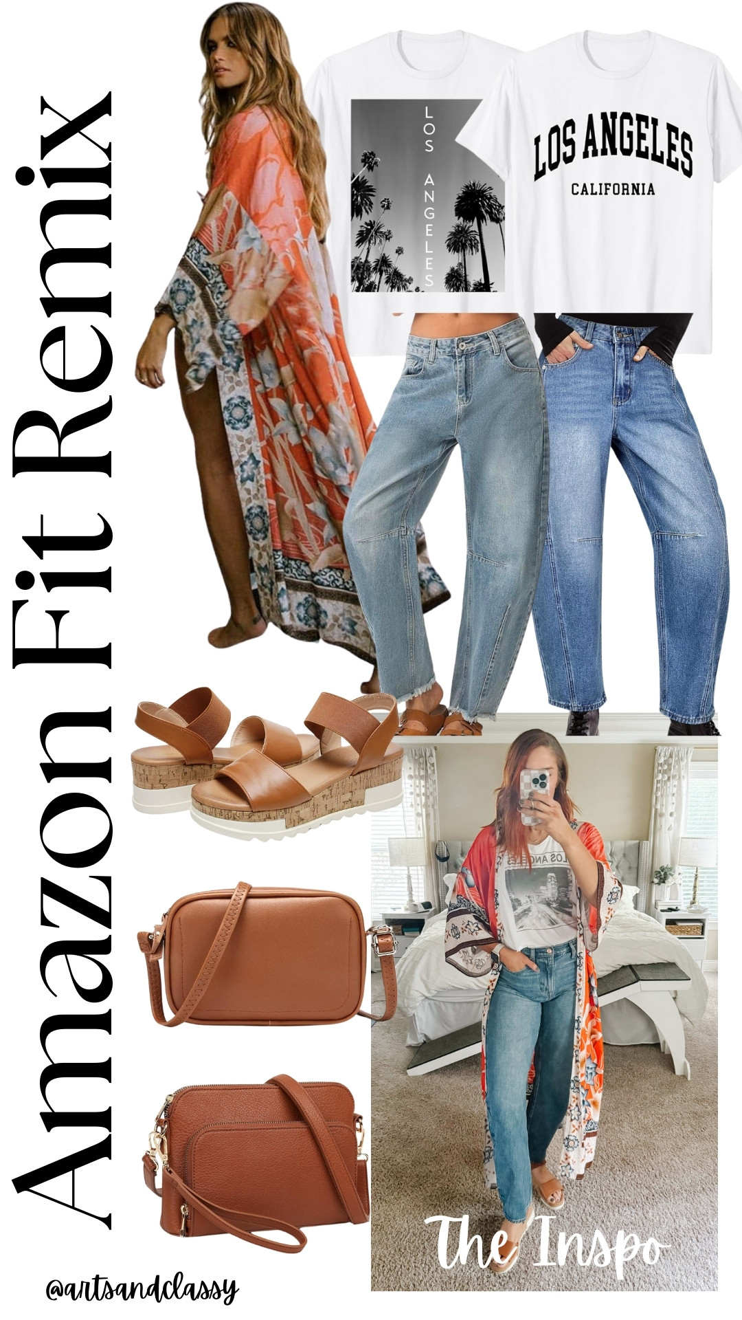 ✨ Amazon Outfit Remix! ✨ I took an oversized Los Angeles Tee from Amazon and gave it a boho twist by cropping it into a muscle tank, paired it with a vibrant orange kimono duster for a pop of color, barrel jeans for that perfect relaxed fit, platform brown sandals to elongate the legs, and a crossbody leather bag for an effortlessly chic vibe. 🧡

This outfit is perfect for casual brunches, weekend shopping trips, music festivals, or a laid-back date night! Plus, it's all tall-girl approved. 🙌

Shop these pieces and create your own #BohoStyle look! 

#Kimono #BarrelJeans #TallWomen #TallFashion #AmazonFinds #LTKfashion #OutfitInspo 

 #LTKMidsize #LTKStyleTip #LTKShoeCrush