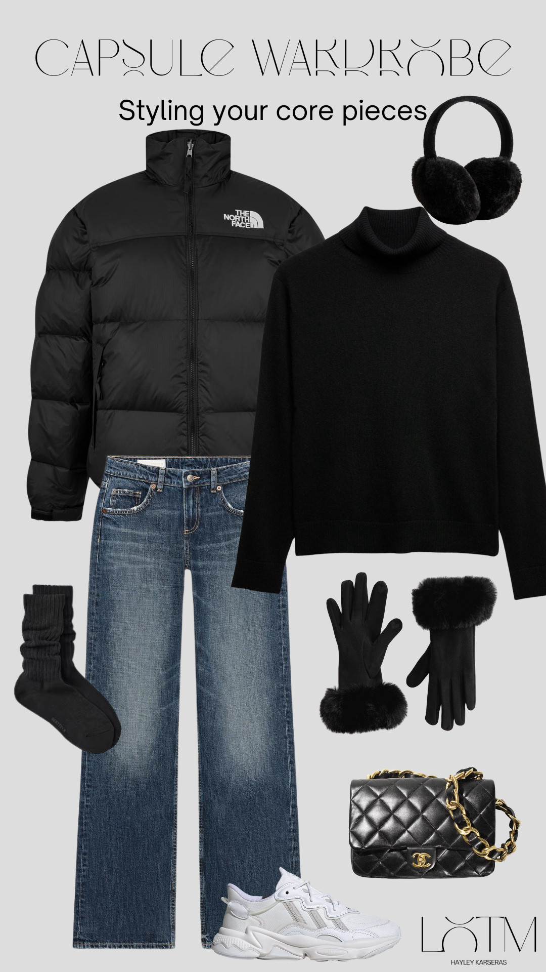 Styling my capsule wardrobe: The North Face puffer coat, black cashmere roll neck, dark wash jeans, ear muffs, warm socks, gloves, adidas shoes, Chanel black handbag 

 

#LTKuk #LTKeurope #LTKstyletip