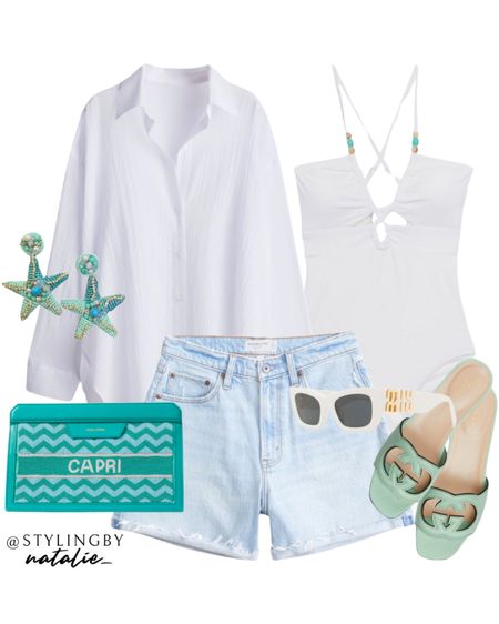 Beach shirt, white swimsuit with bead detail. High rise dad denim shorts, Gucci slides/sandals, turquoise clutch bag and starfish earrings.
Swimsuit, swimwear, beach outfit, holiday outfit, vacation style, resort wear, summer trends.

#LTKswimwear #LTKstyletip #LTKsummer