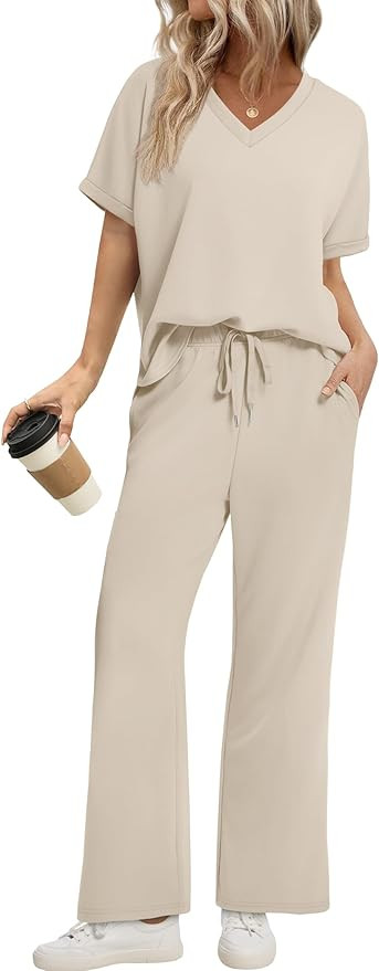 Sampeel Lounge Sets for Women V Neck Turn-UP Sleeves Tops Wide Leg Pants 2 Piece Sets Oversized S... | Amazon (US)