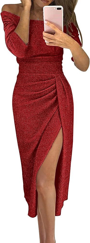 Women Off Shoulder Bodycon Dresses Long Sleeve Ruched Slit Glitter Ball Gown Cocktail Party Eveni... | Amazon (US)