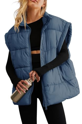 ReachMe Womens Oversized Puffer Vests Stand Collar Puffy Vest Tops Cap Sleeve Quilted Jacket Winter Coats with Pockets (Dark Blue,L) | Amazon (US)