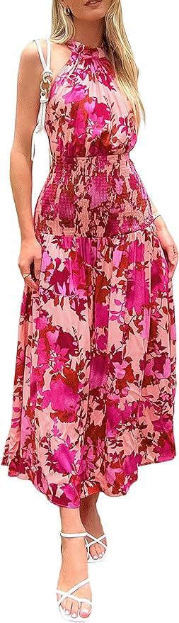 MASCOMODA Women Summer Boho Halter Neck Maxi Dress Smocked Floral Sleeveless Flare Flowy Long Bea... | Amazon (US)