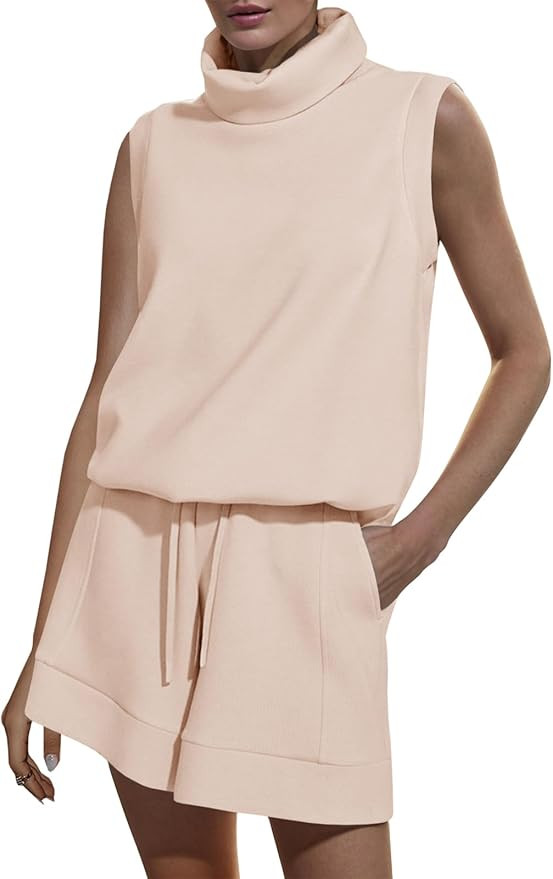 Eurivicy Women's 2 Piece Outfits Shorts Sets Sleeveless High Neck Tank and Drawstring Shorts with... | Amazon (US)