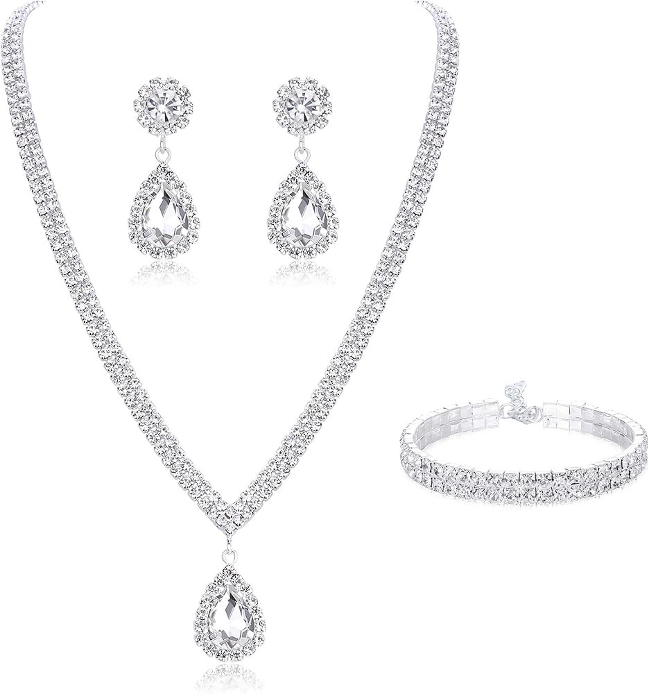 Subiceto Bridal Jewelry Set for Wedding Simple Necklace Teardrop Dangle Earrings Bracelets Crysta... | Amazon (US)
