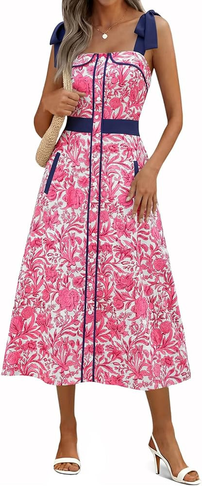 Wenrine Womens Summer Floral Midi Dress Casual Tie Strap Sleeveless Smocked Button Boho Flowy Bea... | Amazon (US)