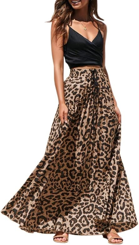 Womens Leopard Print Long Skirts Drawstring High Waisted Bohemian Maxi Skirt | Amazon (US)
